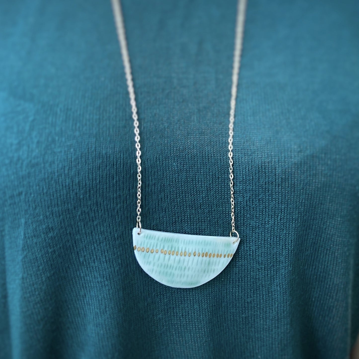 Duck Egg Blue Porcelain Necklace and Gold Lustre - Rose Gold Necklace Chain