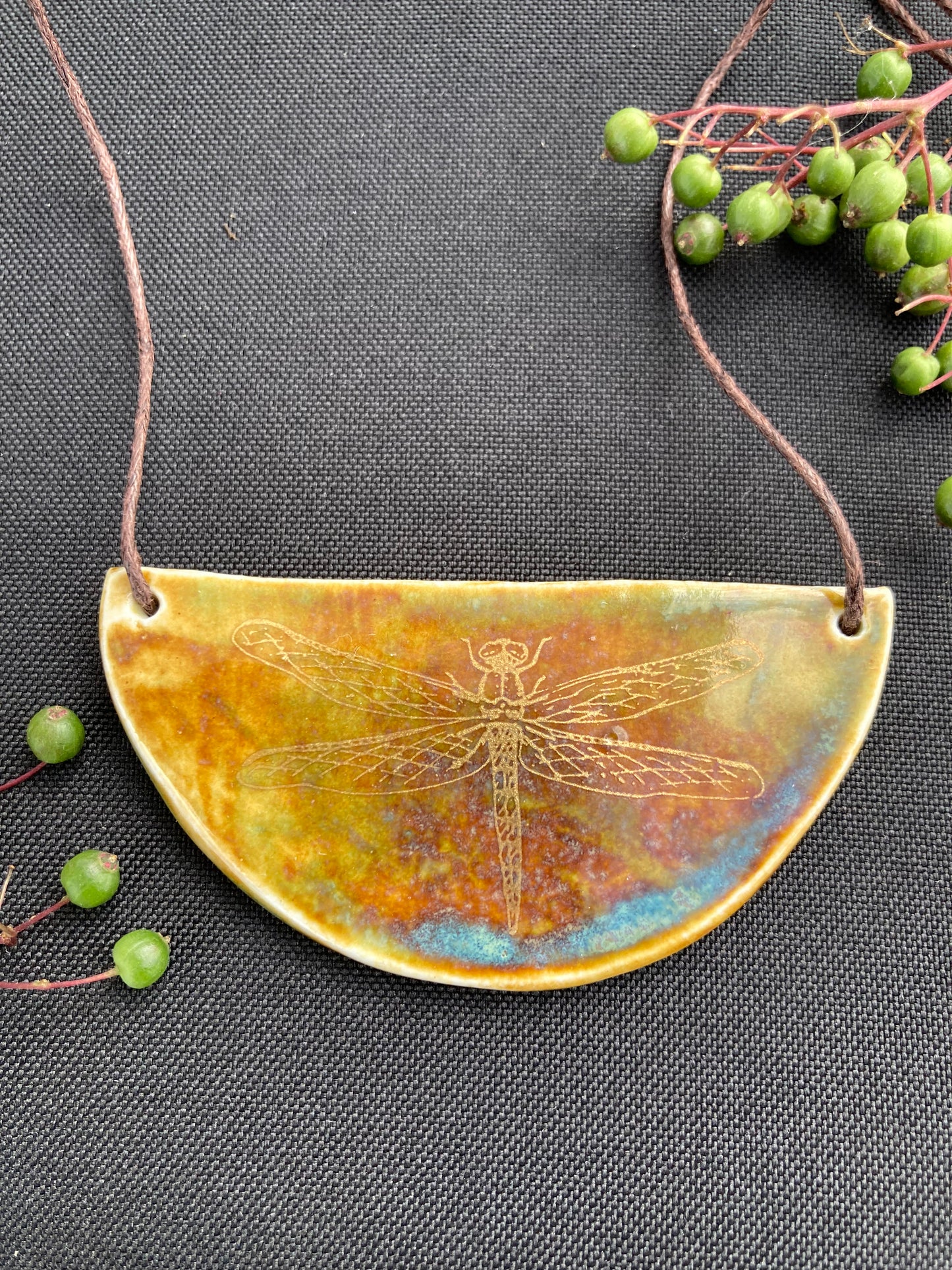 Half-moon ceramic dragonfly necklace