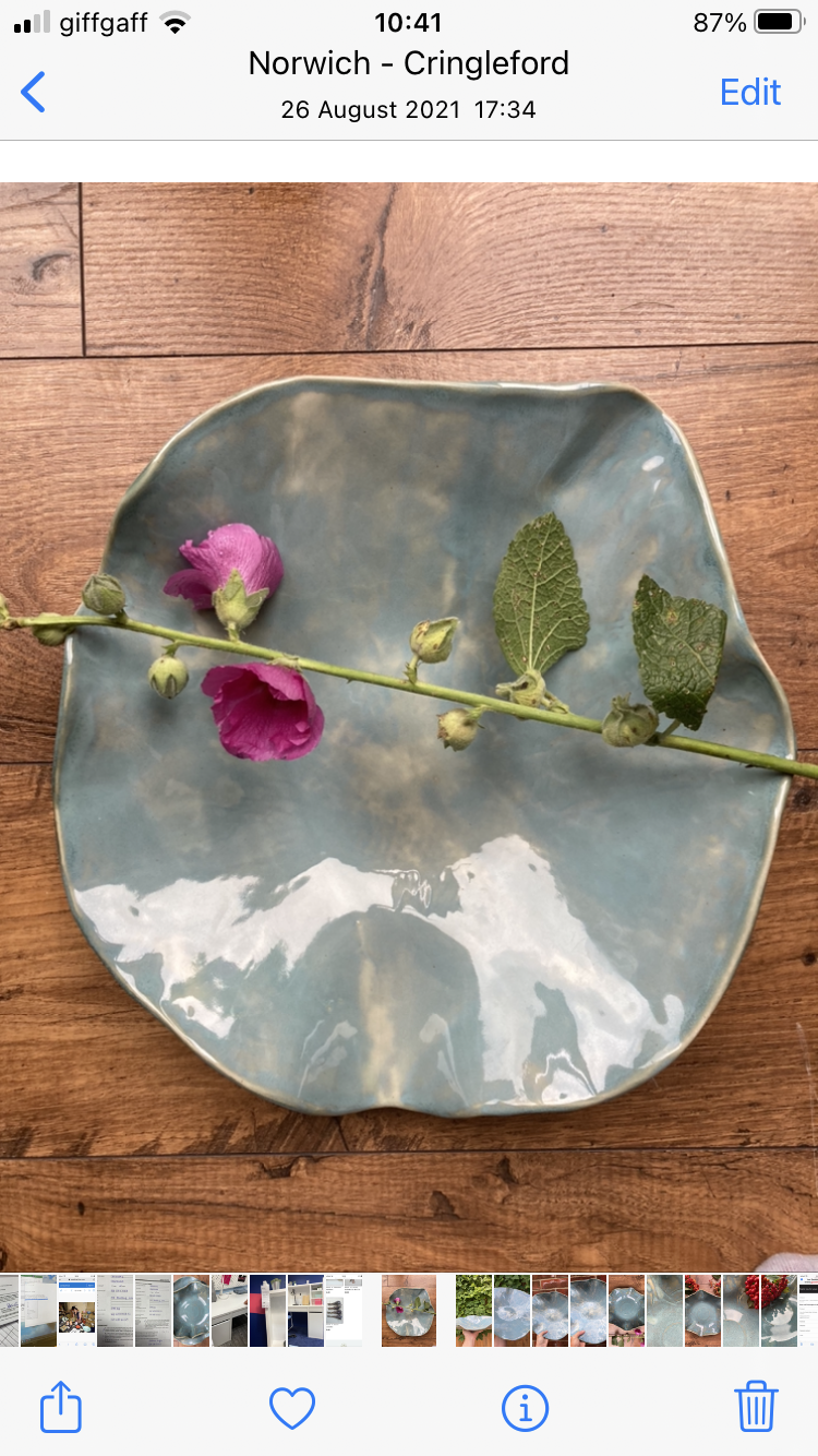 Glossy ceramic dish with floral stem