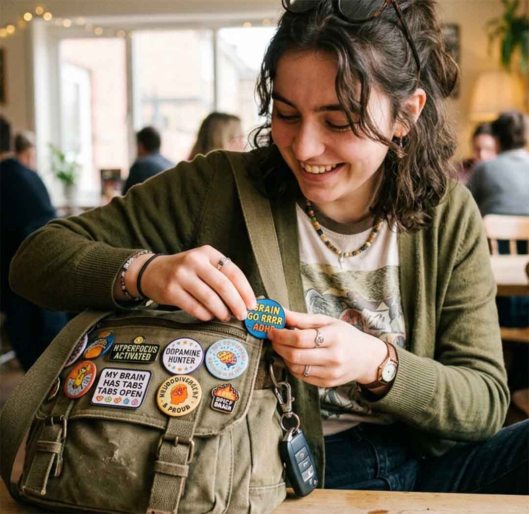 A girl with bag put on lots of ADHD pin badges