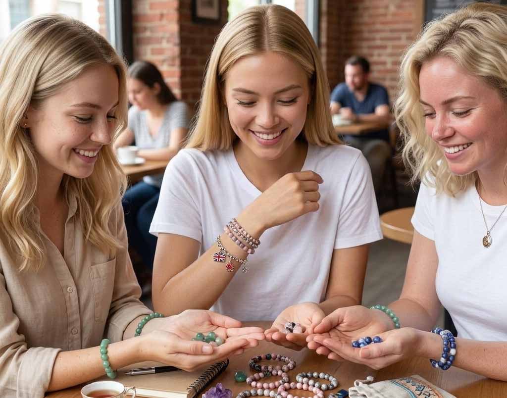 three girls showing their gemstone beads in their hands