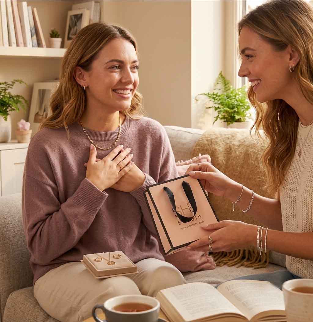 two woman seating on the sofa one of them gives shb studio gift bag
