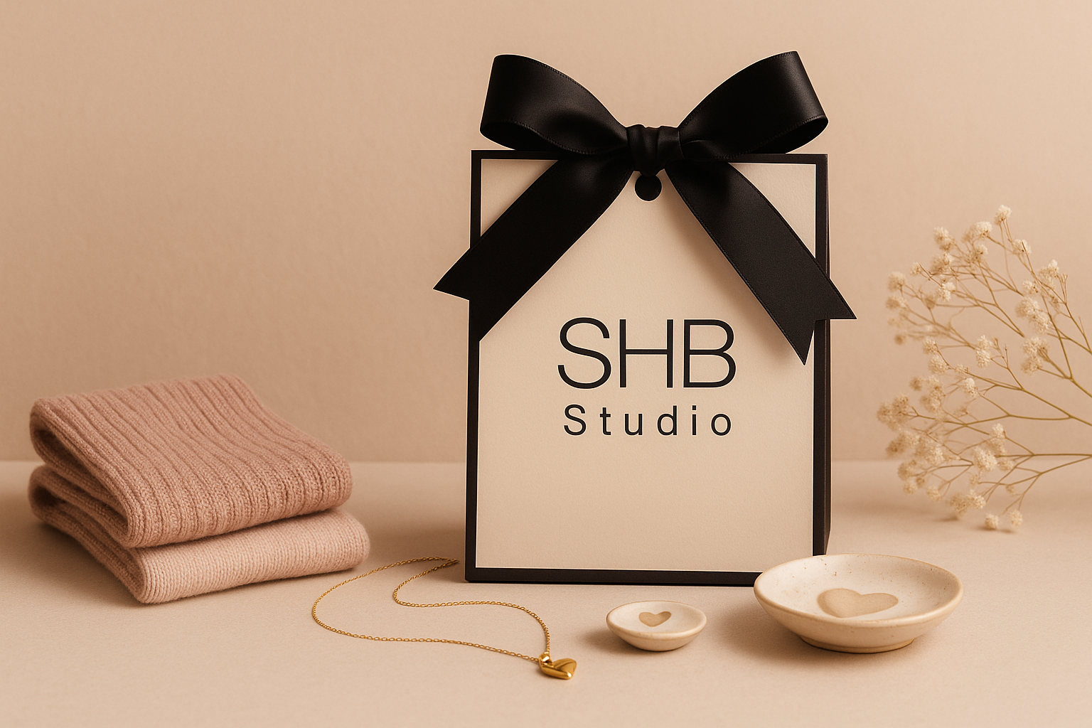 shbstudio gift box and 2 pair of socks and jewellery dish , gold heart necklace on the table.