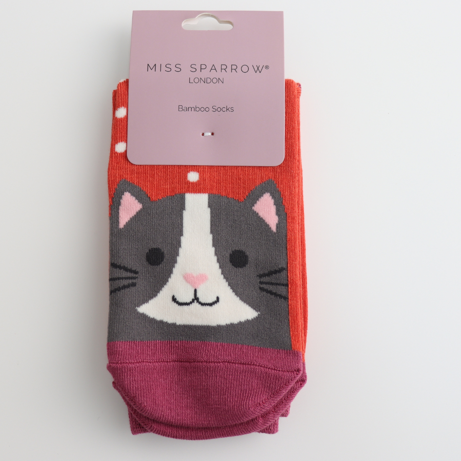 Cosy cat bamboo gift socks in orange and grey — fun stocking filler from SHB Studio.