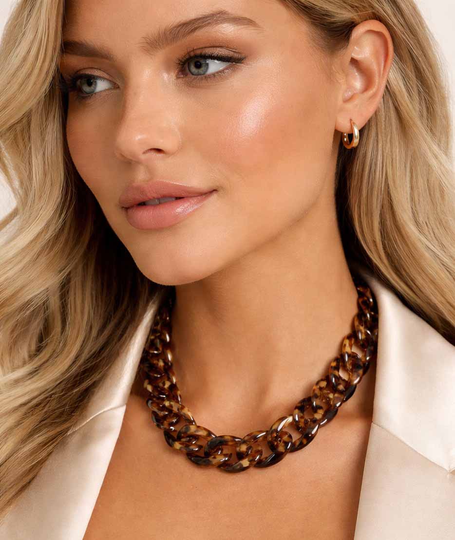 woman wearing acrilic leopard colour necklace. gift under £20