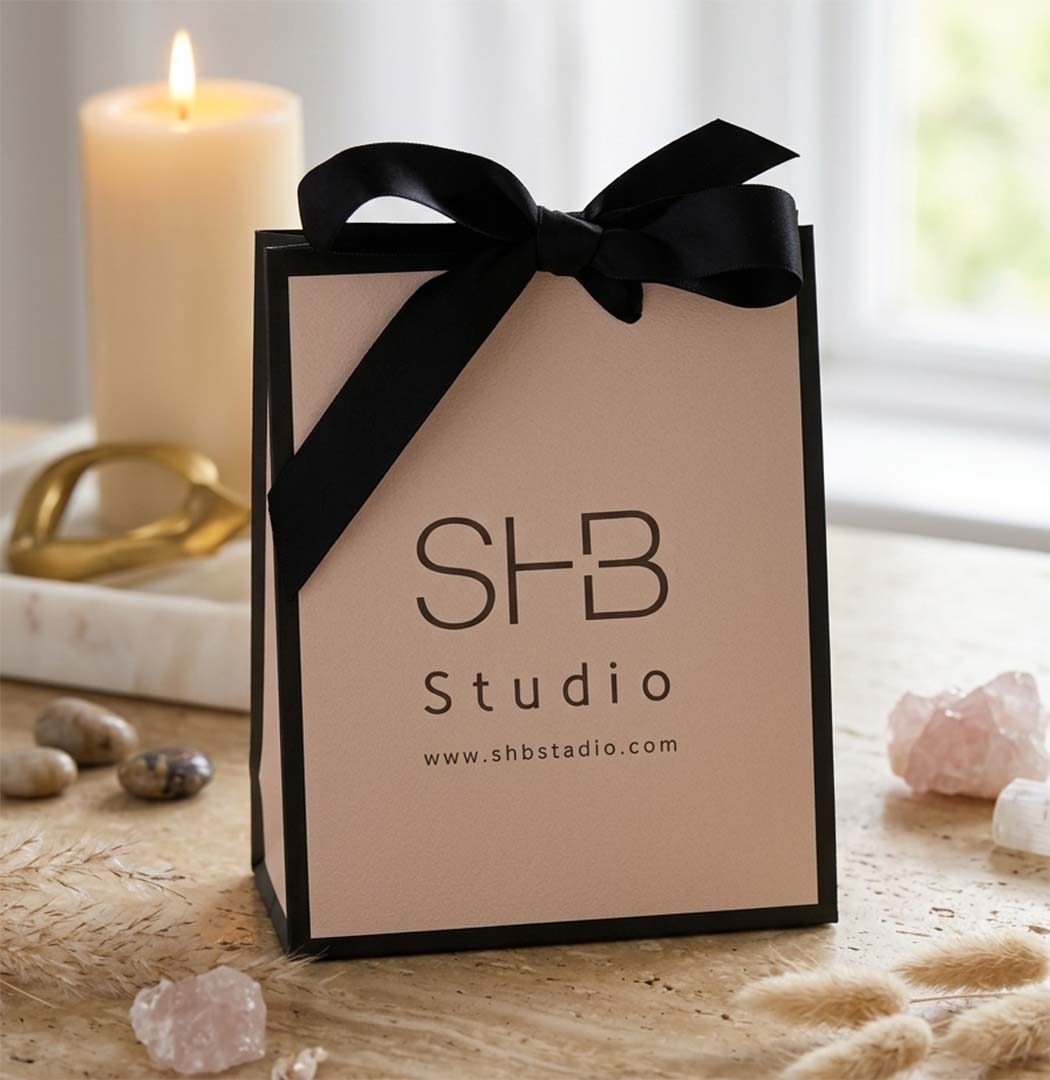 shbstudio gift bag with black bow minimal background.