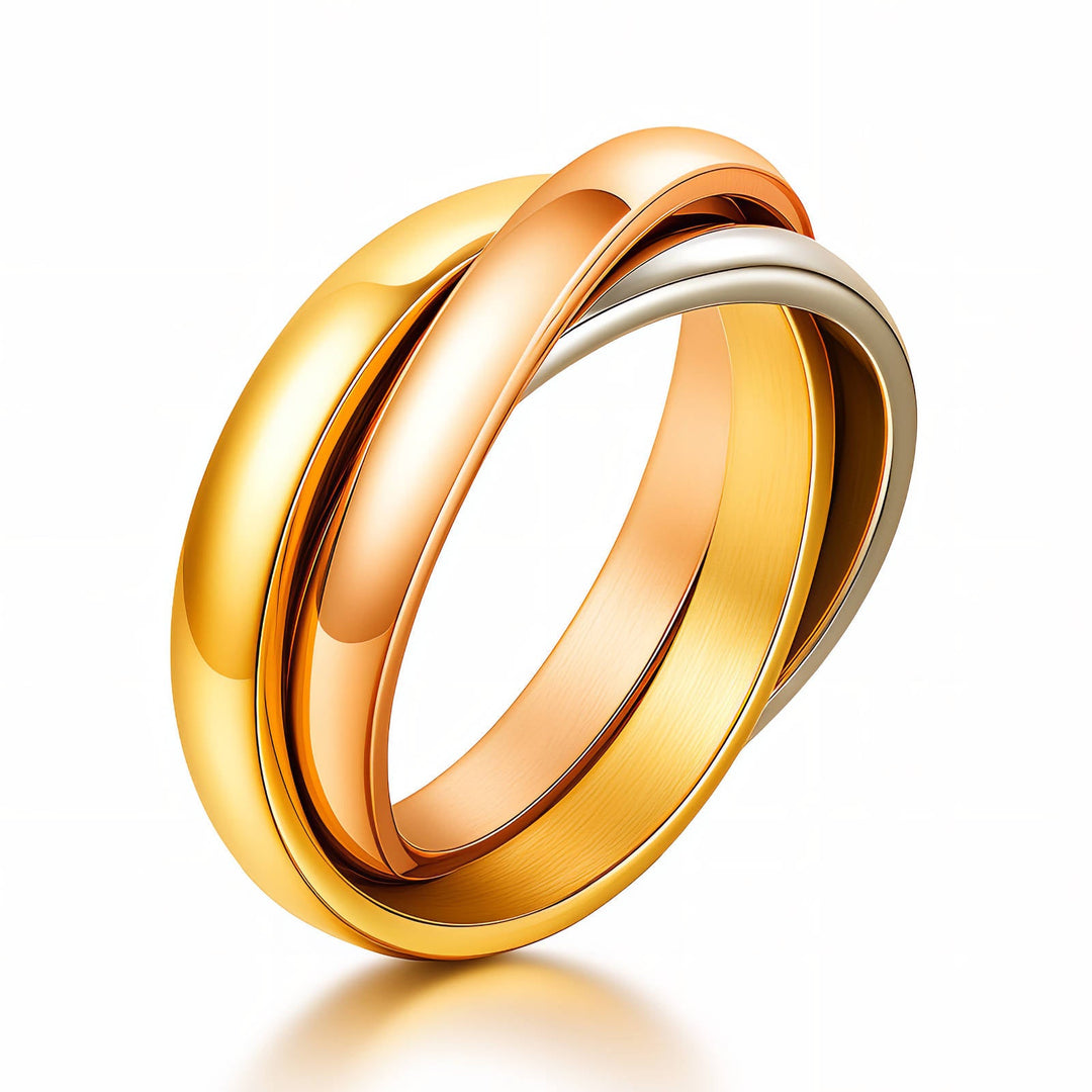 three colour ring, rose gold, silver gold, interlocking band ring.