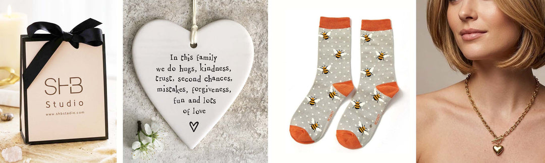 gift box shbstudio brand heart porcelain, socks, woman wearing heart necklace