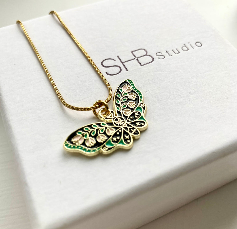 Green and Black Floral Butterfly Necklace 1