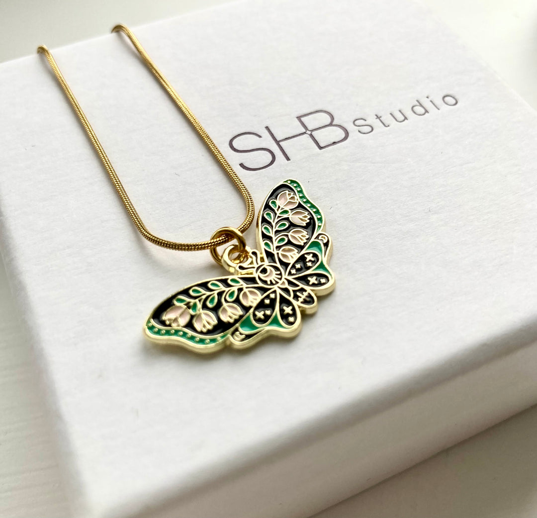 Green and Black Floral Butterfly Necklace 1