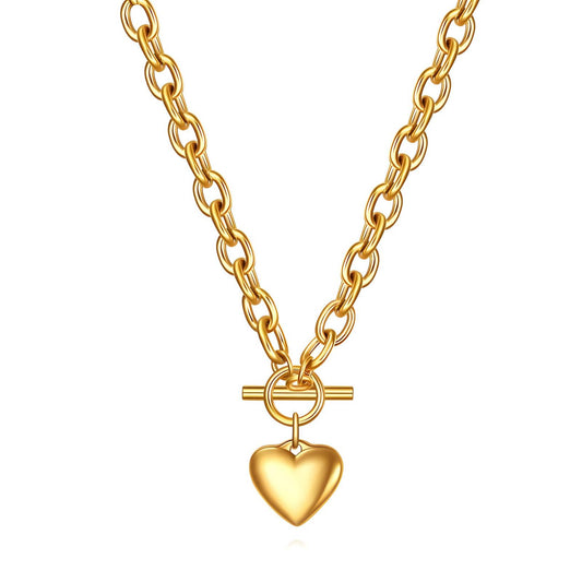 Chunky Gold Heart Necklace | Toggle Clasp Chain Necklace | Stainless Steel Waterproof Jewellery | Minimalist Heart Pendant for Women