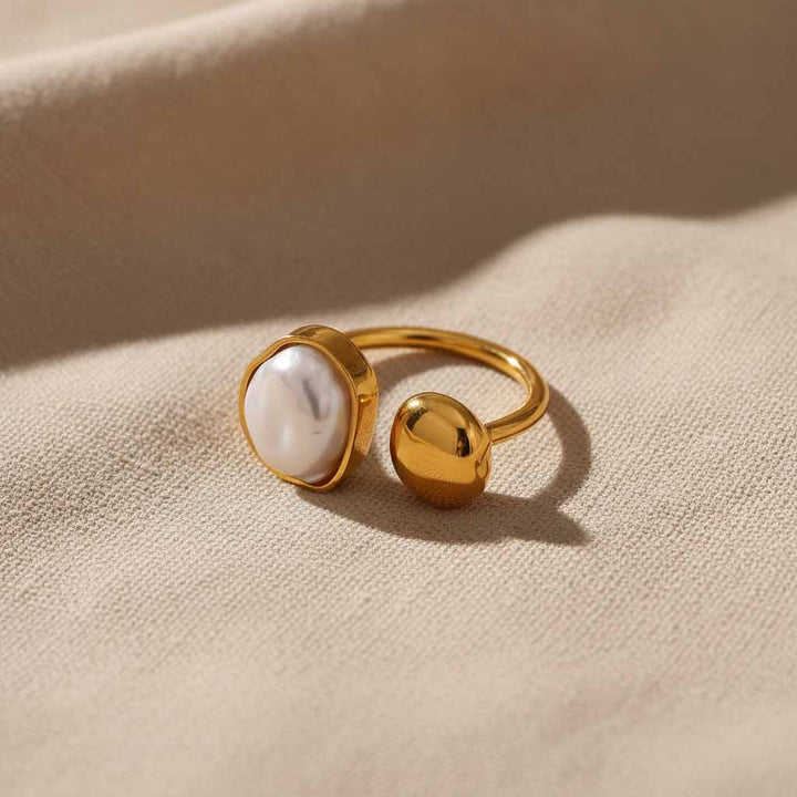 Trendy Jewelry Oval Pearl Open Ring – 18K Gold Plated, Adjustable Stainless Steel, Waterproof Statement Pearl Ring