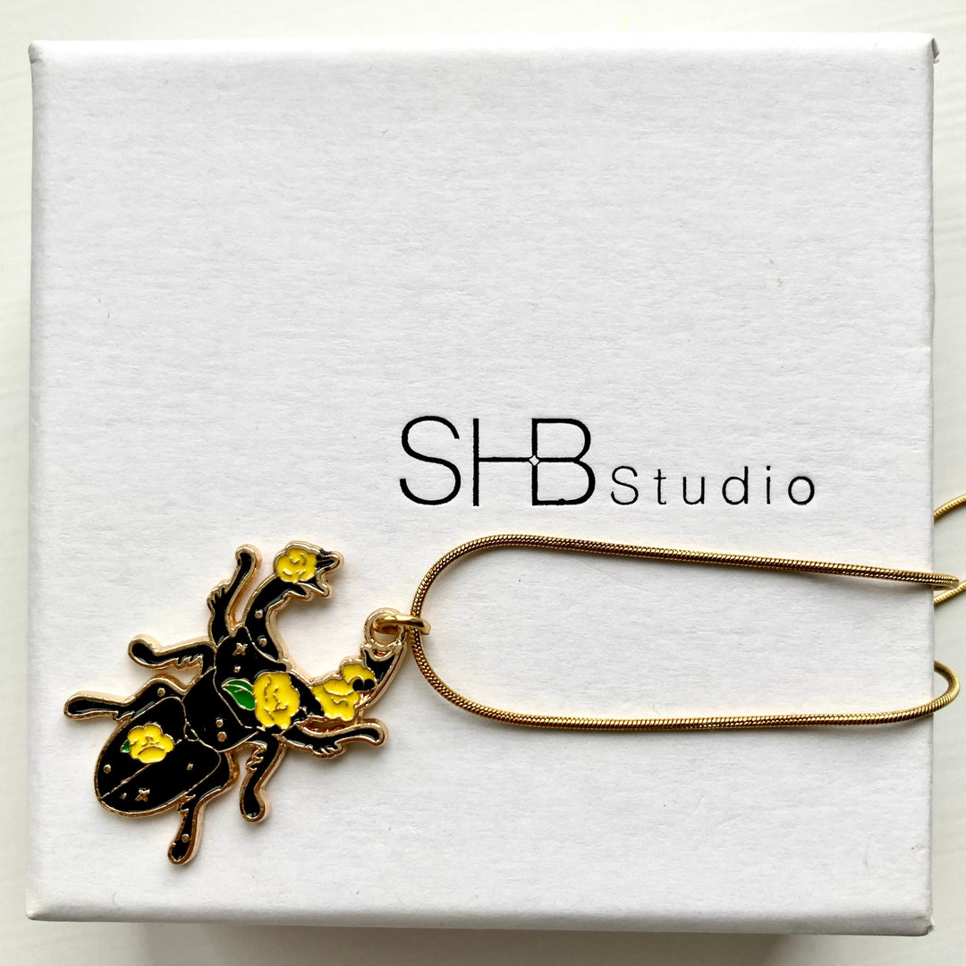 Floral Beetle Necklace – Gold Enamel Insect Pendant