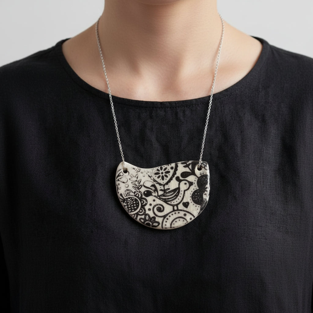 bird and flower persian motif handmade ceramic necklace