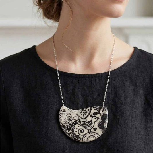 bird and flower persian motif handmade ceramic necklace