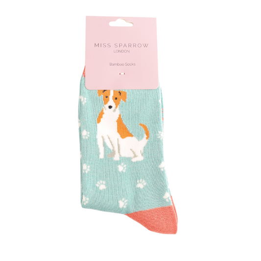 Miss Sparrow Jack Russell Dog Bamboo Socks – Duck Egg Blue