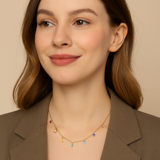 Rainbow Multicolour Cubic Zirconia  Charm Necklace – Stainless steel Chain with Colourful Crystal Charms