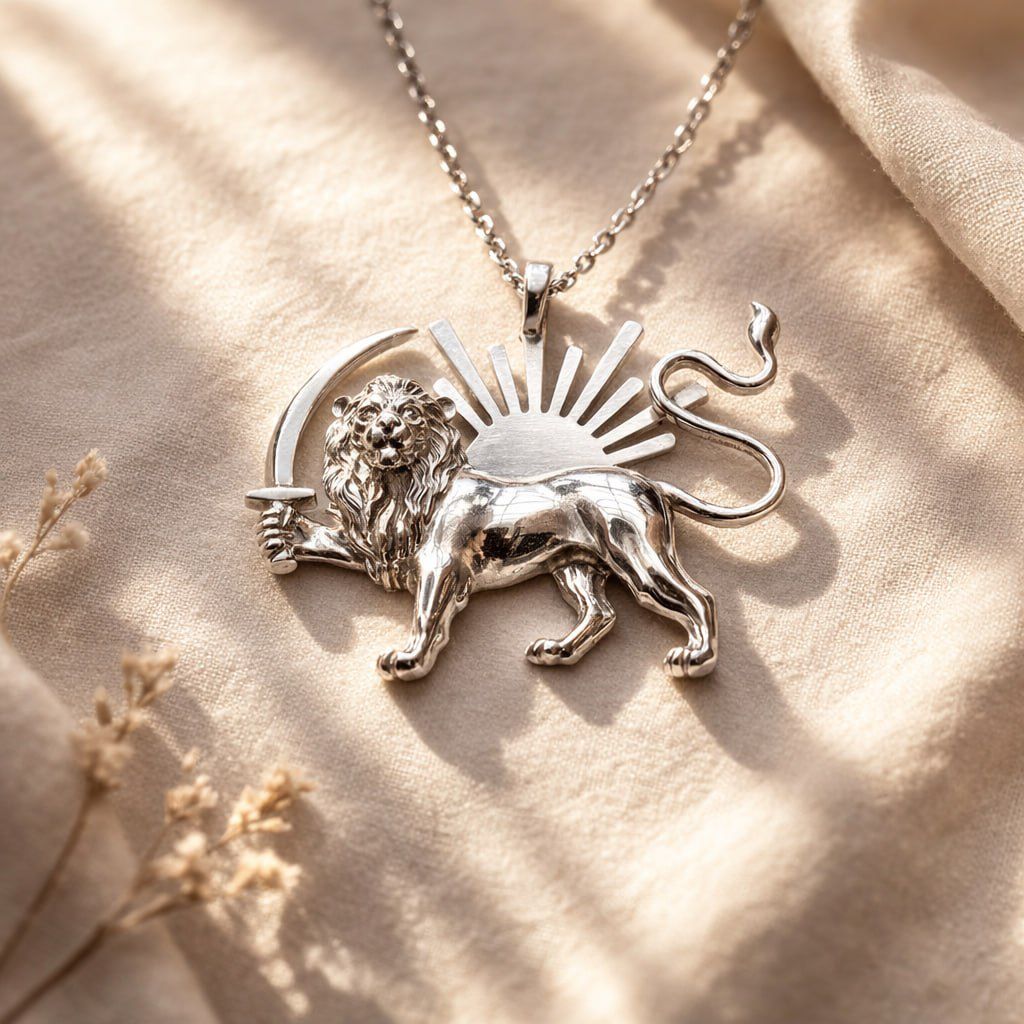 Silver lion pendant necklace on a beige fabric background