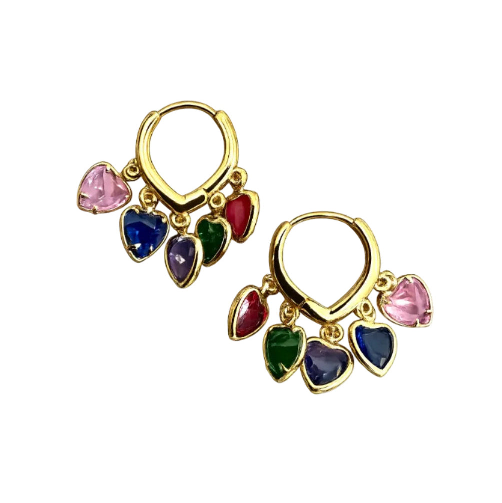 Gold hoop earrings with colorful gemstones on a white background