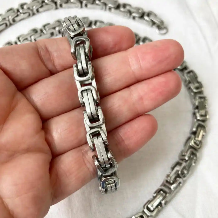 Men’s Stainless Steel Byzantine Chain Set – Necklace &amp; Bracelet 2