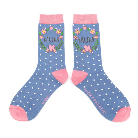 Miss Sparrow London Mum Bamboo Socks – Blue Polka Dot Mother's Day Socks