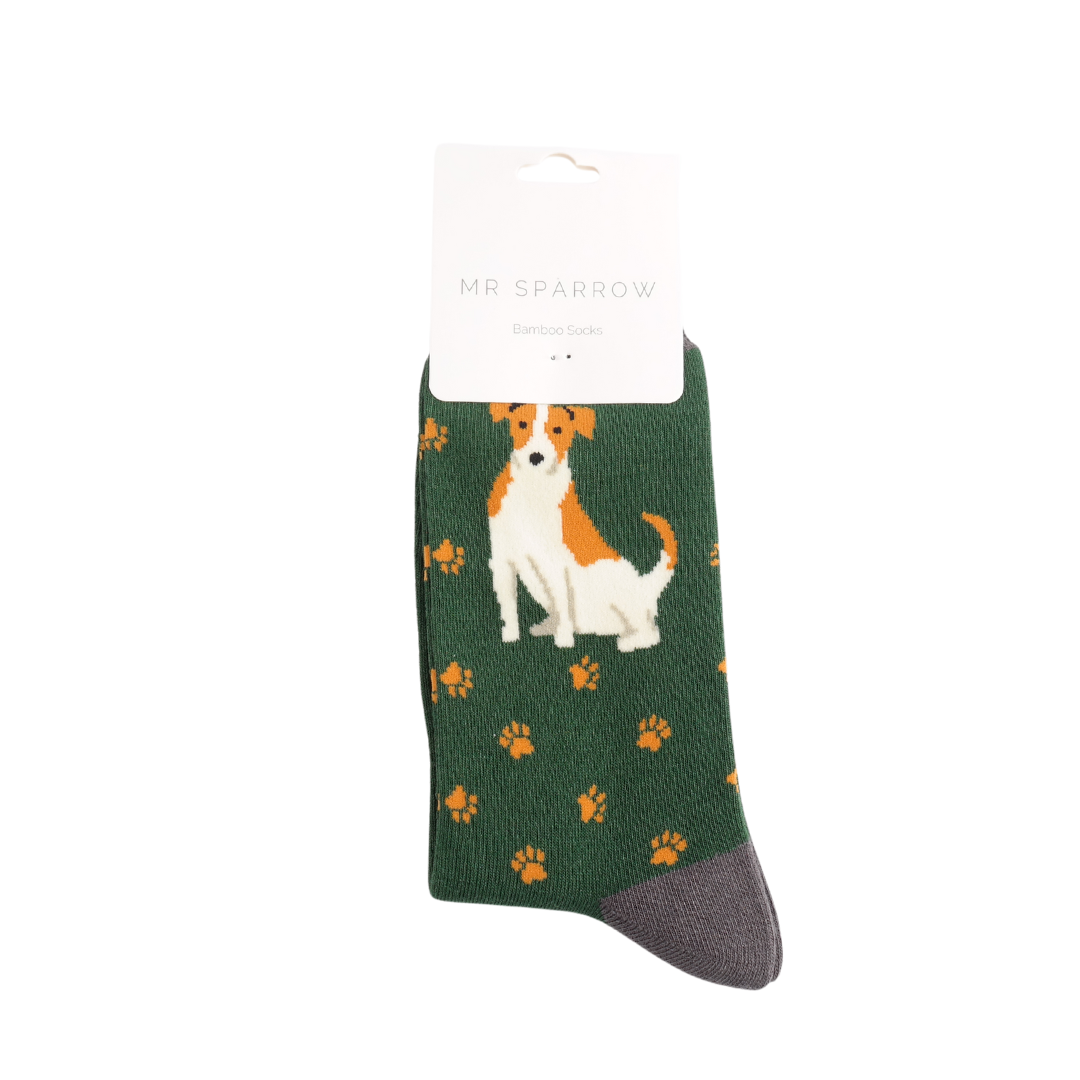 Mr Sparrow Men’s Bamboo Socks – Green Terrier Dog & Paw Print