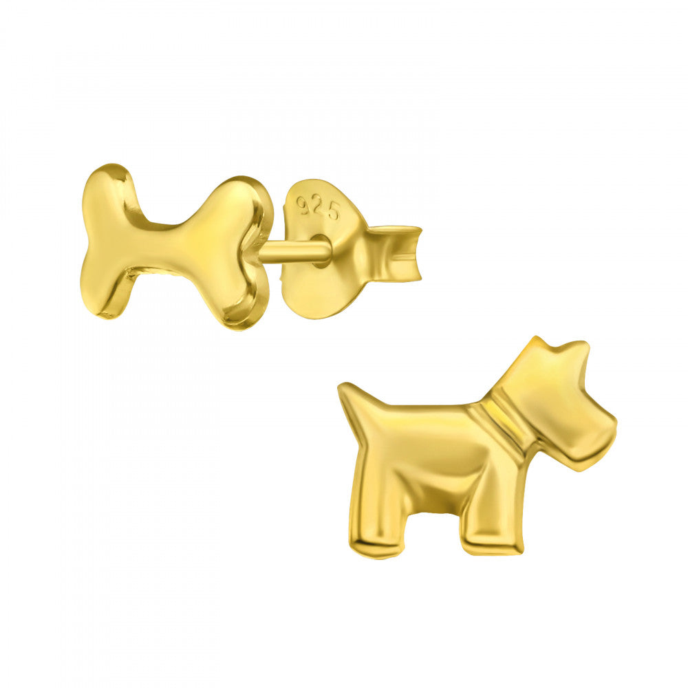 Gold plated sterling silver dog and bone stud earrings, a mismatched gift for dog lovers