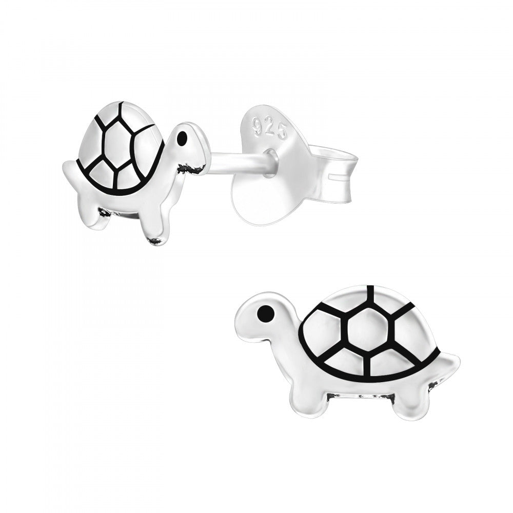 Sterling silver turtle stud earrings with oxidised shell detail