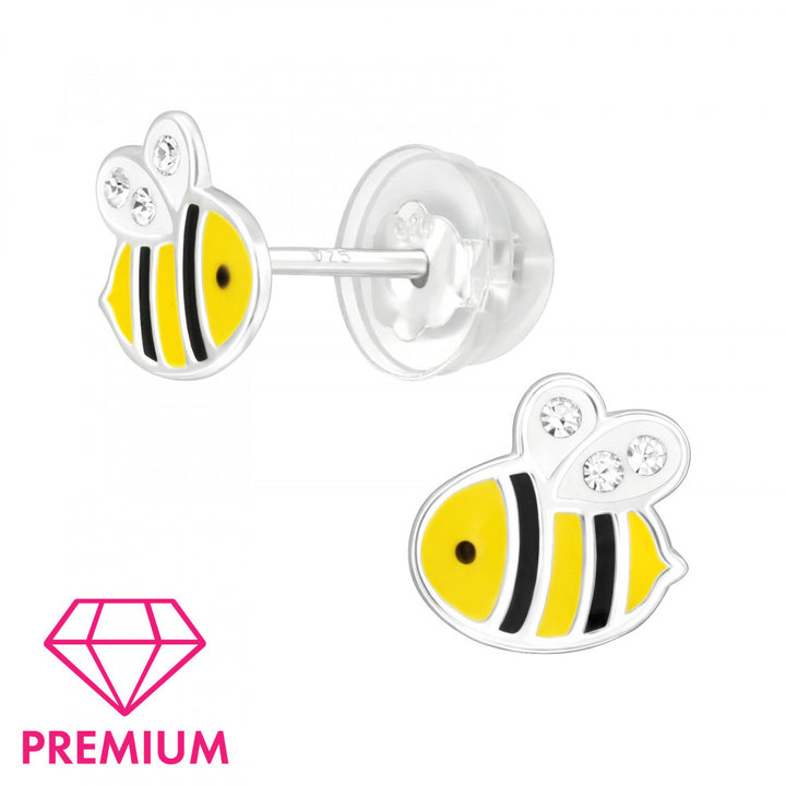 Yellow and black enamel bumble bee stud earrings in sterling silver with crystal wings