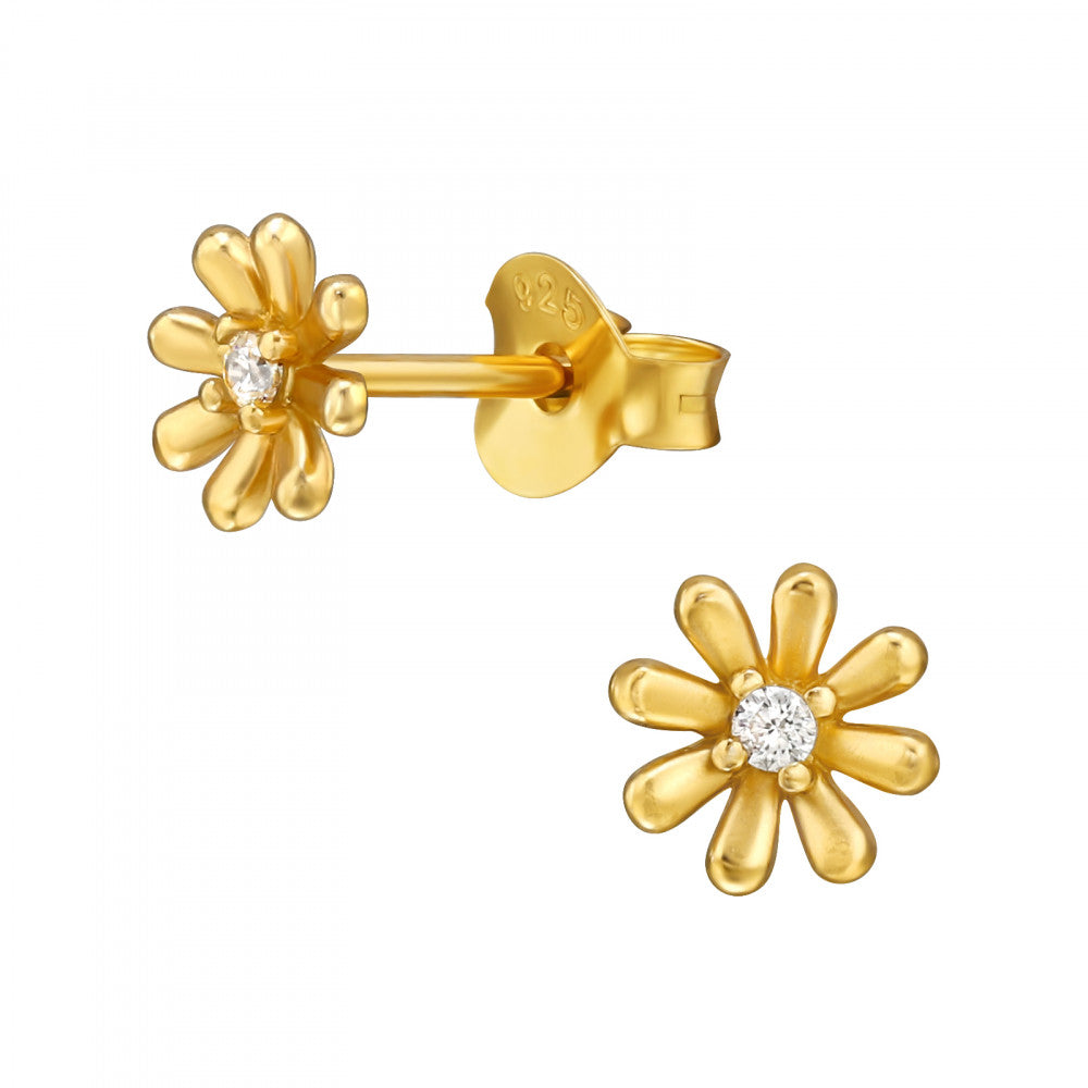 Gold plated sterling silver flower stud earrings with a clear cubic zirconia centre