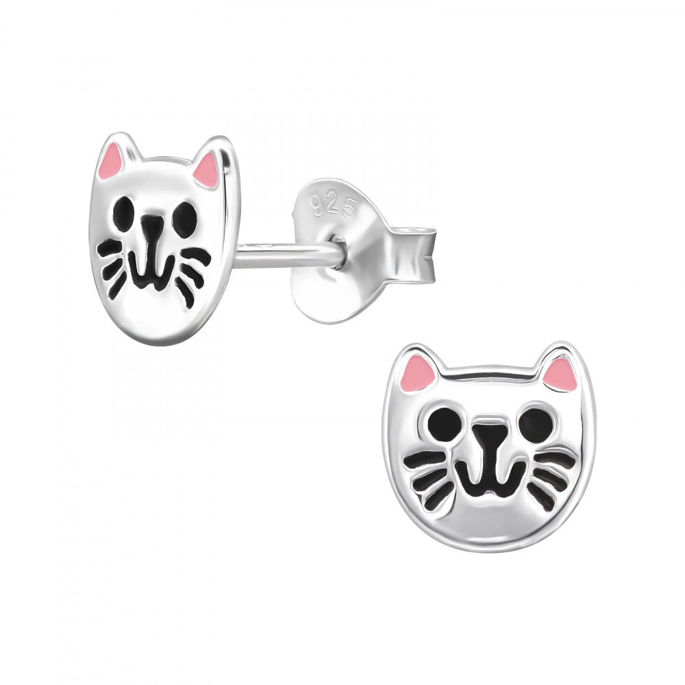 Sterling silver cat face stud earrings with black and pink enamel details