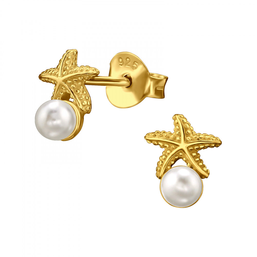 Gold plated sterling silver starfish stud earrings with a white faux pearl drop