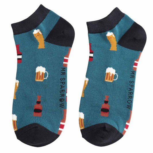 Mr Sparrow Here's to Beer Bamboo Trainer Socks – Teal Men's Beer Socks