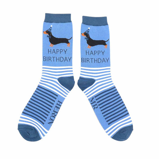 Mr Heron Happy Birthday Sausage dog Bamboo Socks – Blue Men's Birthday Socks