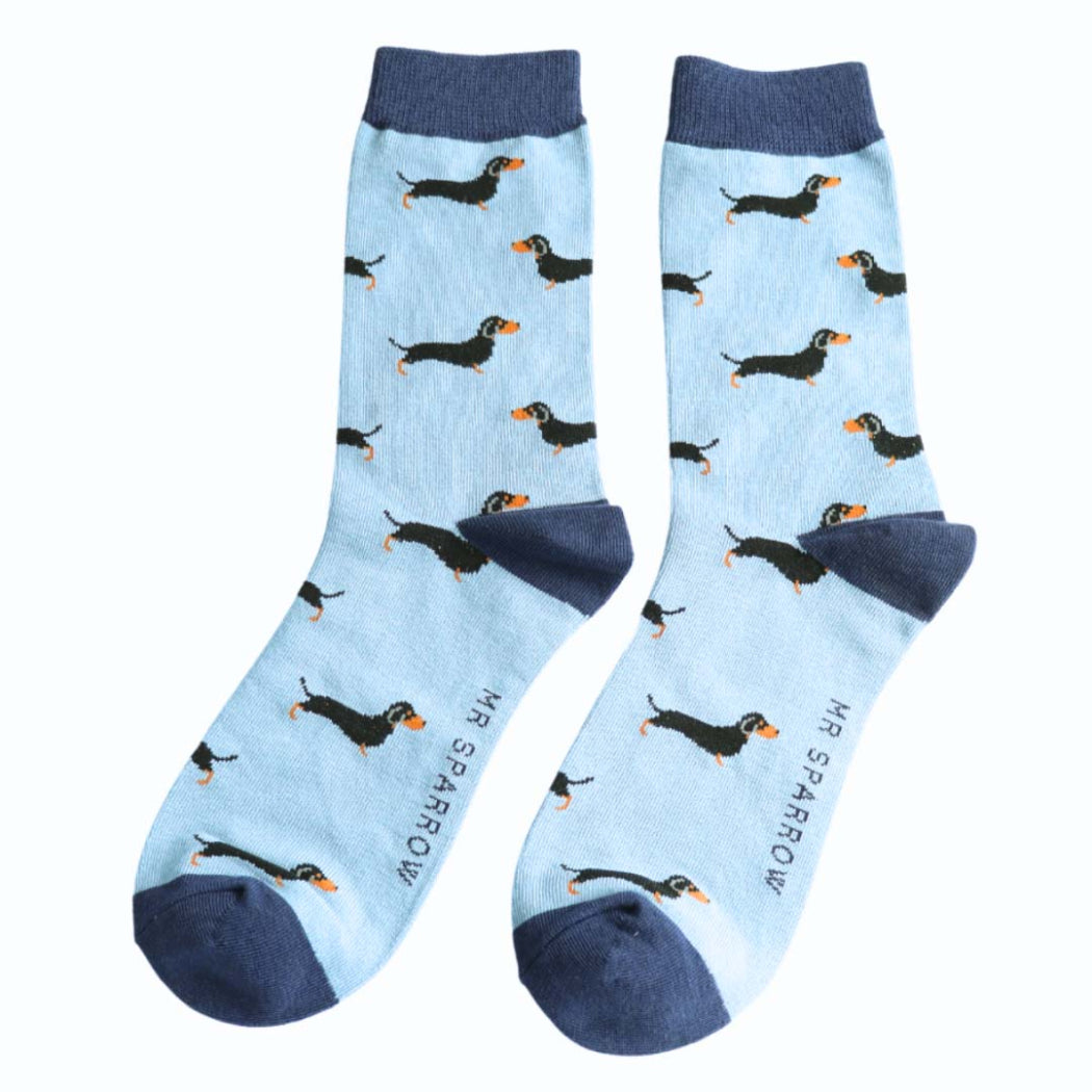 Light blue socks with dachshund pattern and navy cuffs and toes, brand 'Mr. Sparrow' visible.