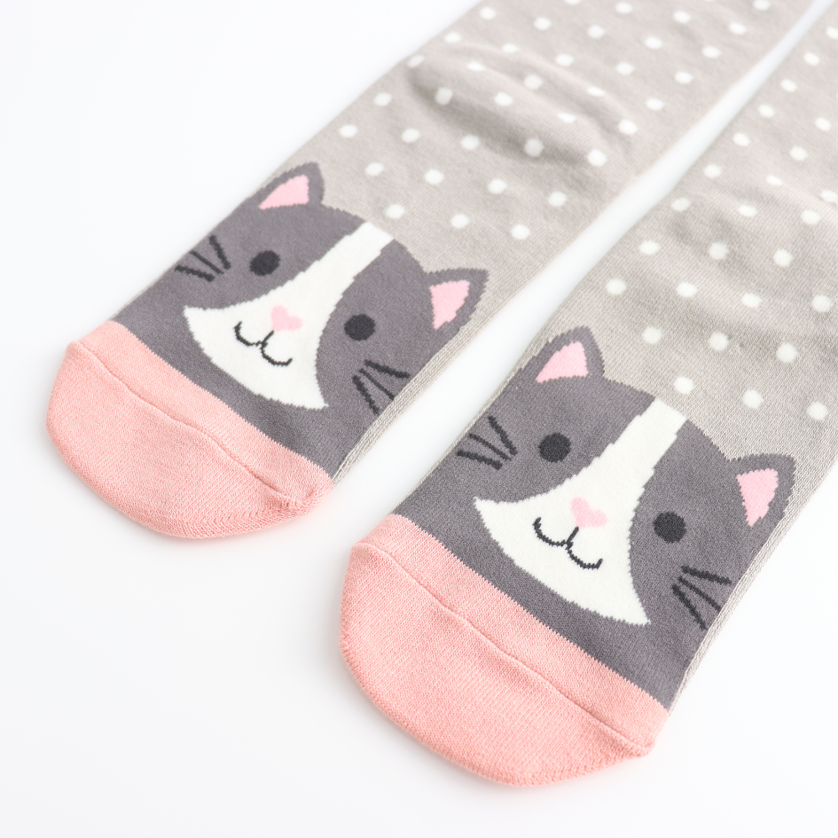 Miss Sparrow Bamboo Socks – Cute Cat Face on Pink and Grey 1