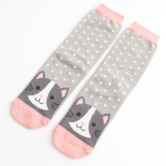 Miss Sparrow Bamboo Socks – Cute Cat Face on Pink and Grey