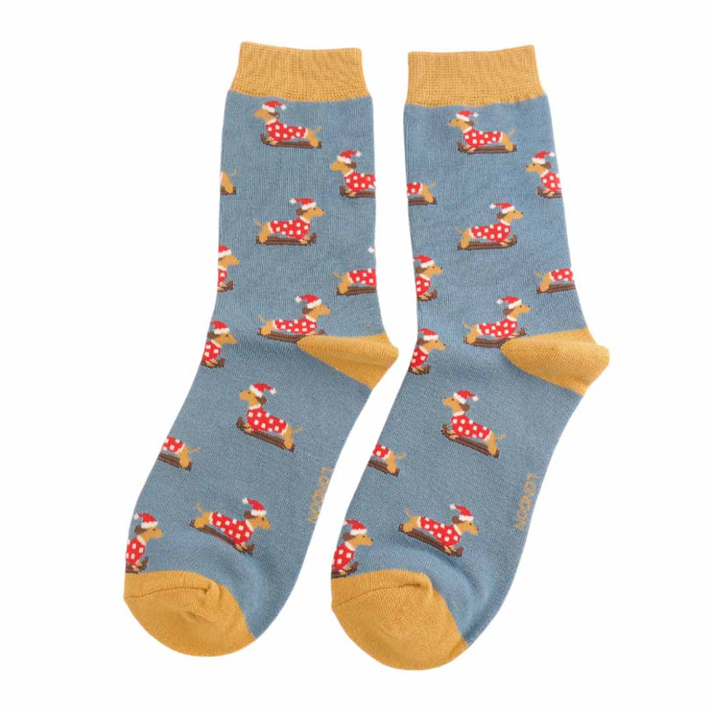 skiing xmass dog light blue bamboo socks.