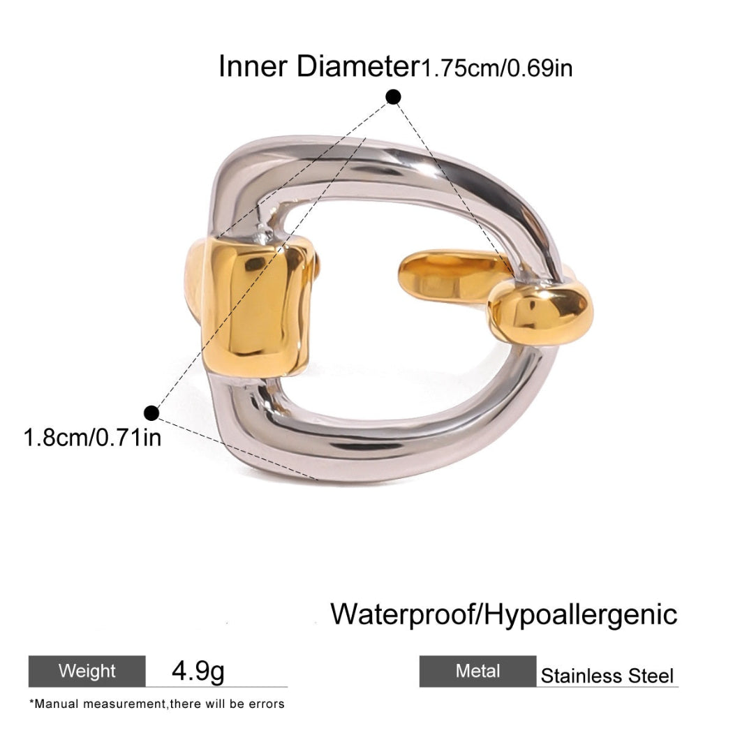 Stainless steel ring with gold accents and D shape.
