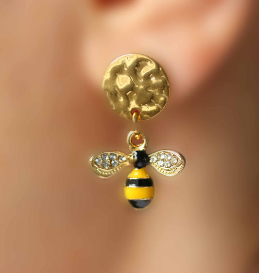 Gold Bee Drop Earrings – Enamel & Crystal Wings
