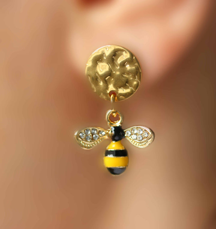 Gold Bee Drop Earrings – Enamel &amp; Crystal Wings