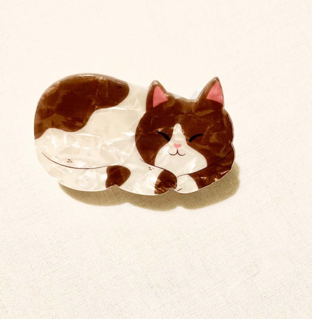 Brown &amp; White Sleeping Cat Hair Claw Clip – Cute Acetate Cat Hair Accessory