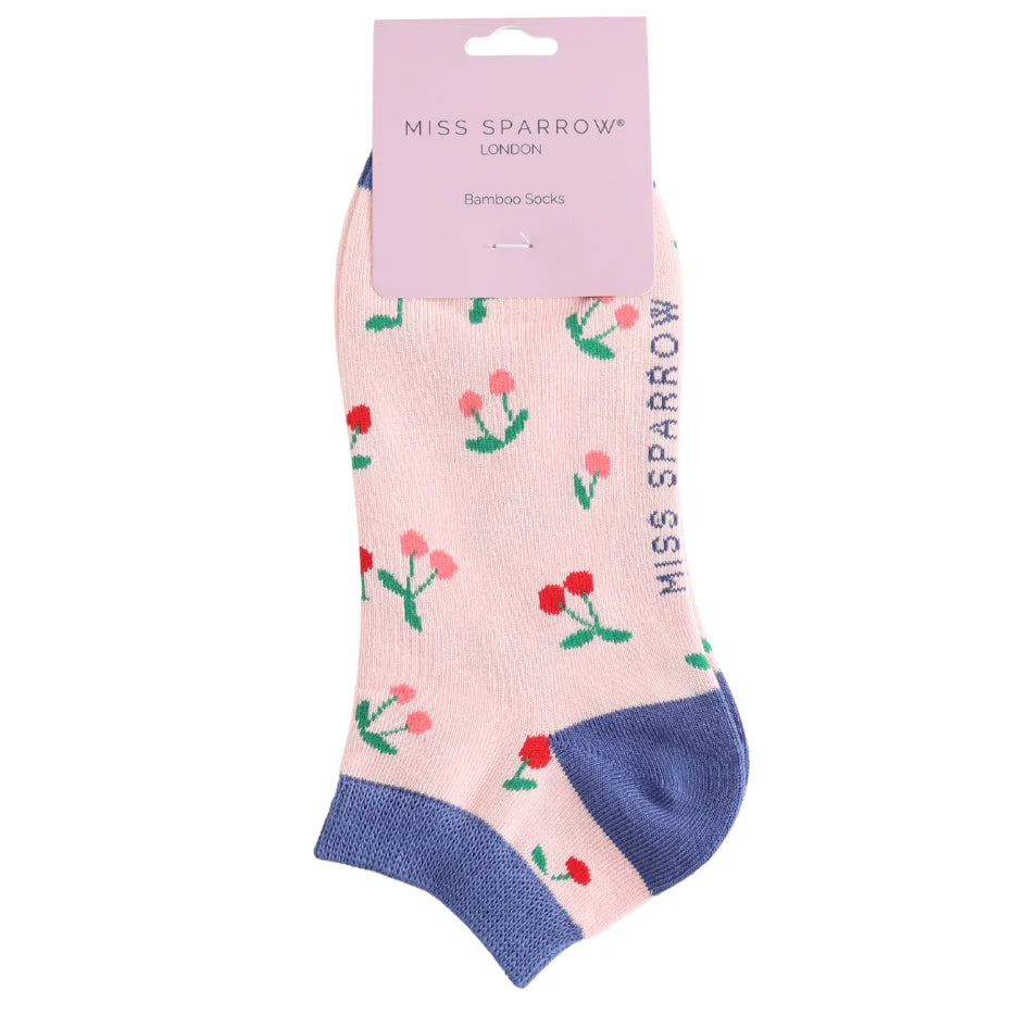 Pink socks with floral pattern and &