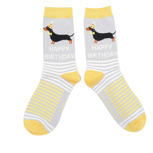 Happy Birthday Dachshund Socks – Grey & Yellow | Bamboo Men’s Socks