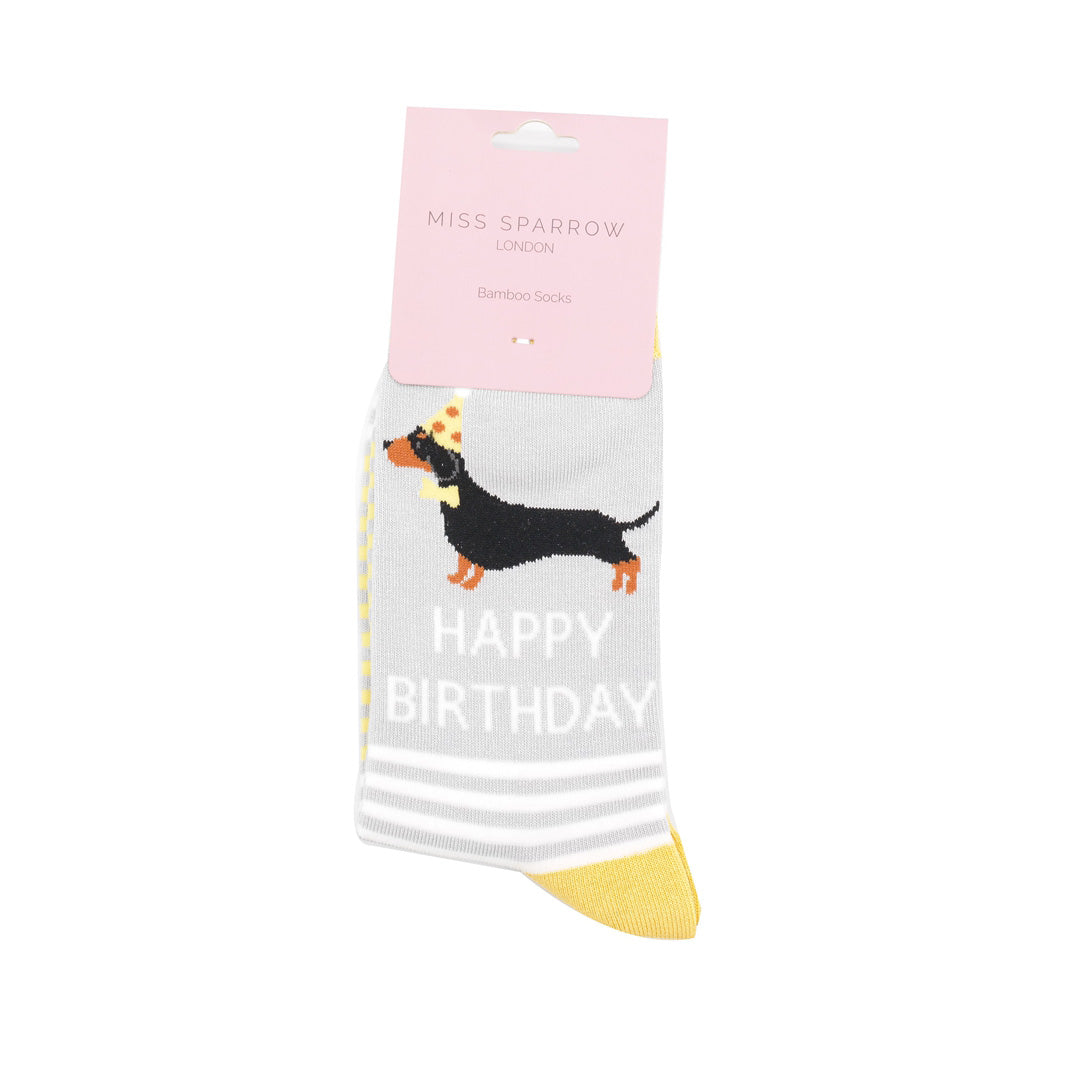 Happy Birthday Dachshund Socks – Grey & Yellow | Bamboo Men’s Socks