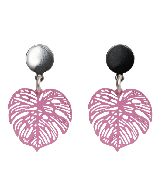 Pink Tropical Monstera Leaf Drop Earrings