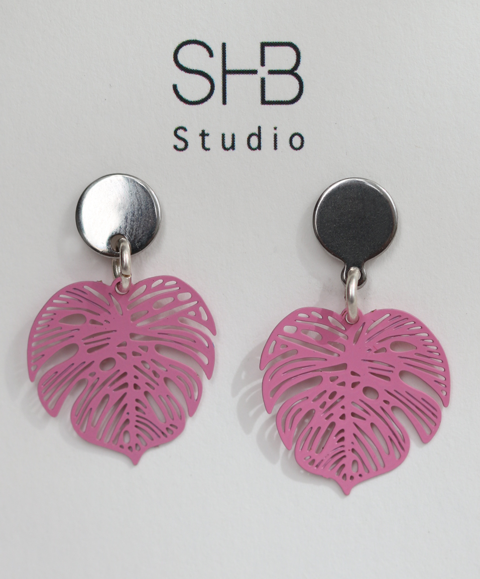 Pink Tropical Monstera Leaf Drop Earrings