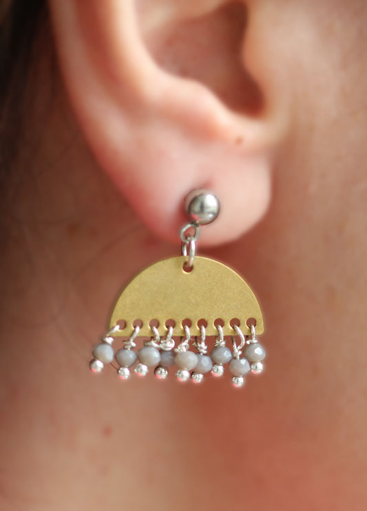Raw Brass Half Circle Silver Ball Colour Earrings