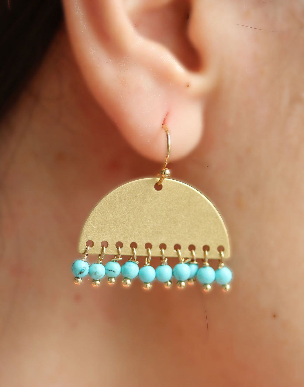 Gold Half-Circle Earrings with Turquoise Beads 1