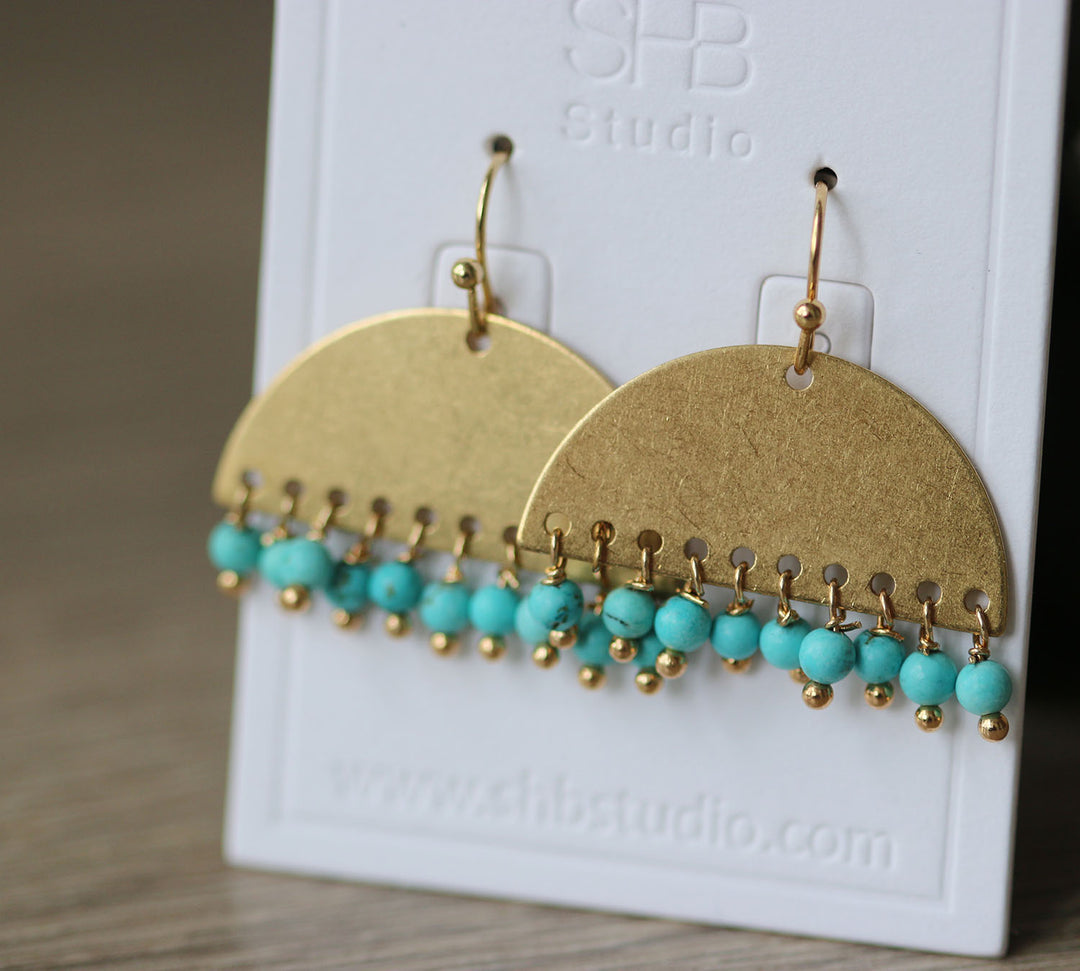 Gold Half-Circle Earrings with Turquoise Beads